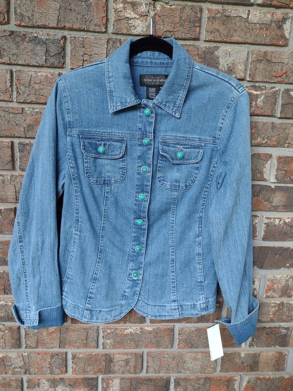 Live A Little Blue Jean Jacket Women M Turquoise Buttons FlapPockets Stretch NWT